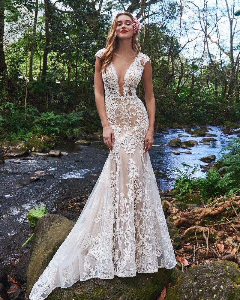 La20216 lace vintage wedding dress with short sleeves and mermaid silhouette1